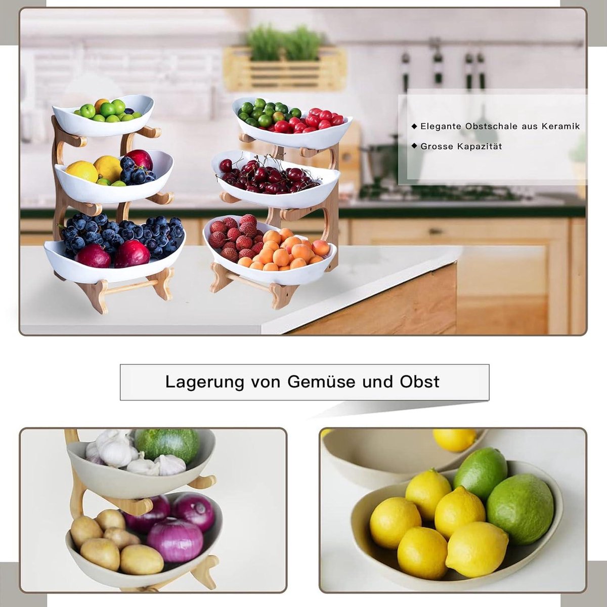 3-laags keramische fruitschaal met bamboe standaard - porseleinen fruitmand voor het bewaren van groenten - snack dessert taart dienblad bordenrek voor feest bruiloft