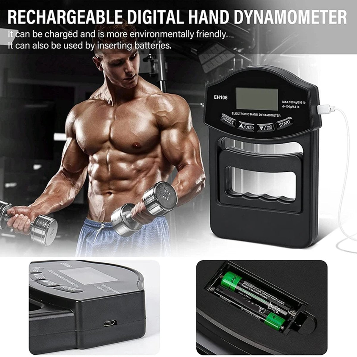 Digitale handdynamometer tot en met 396 lbs/180 kg - Gripsterktetester - USB en batterij - LCD-scherm handgreep - Innovatief - Persoonlijke records bijhouden - Vingerkrachttraining - Handtrainer