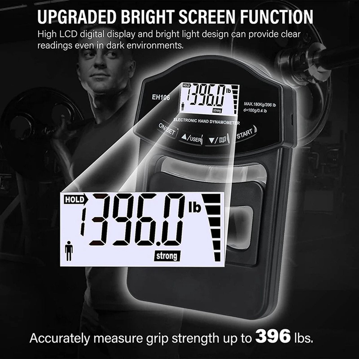 Digitale handdynamometer tot en met 396 lbs/180 kg - Gripsterktetester - USB en batterij - LCD-scherm handgreep - Innovatief - Persoonlijke records bijhouden - Vingerkrachttraining - Handtrainer