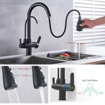 Zuiver Water Keukenkraan met Uitschuifbare Dubbele Handgreep Warm en Koud Drinkwater 3-weg Filter - Zwart - Inclusief Populaire Zoekwoorden waterfilter kraan