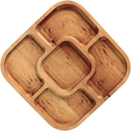 Serveerschaal van natuurlijk hout - 25 x 25 cm - 5 gedeelde vakken - serveerblad voor voorgerechten, kaas en snacks - houten bord voor vlees en kaas