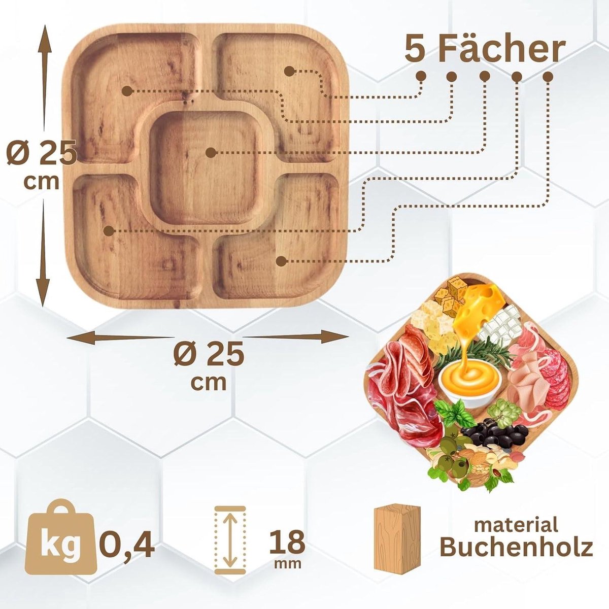 Serveerschaal van natuurlijk hout - 25 x 25 cm - 5 gedeelde vakken - serveerblad voor voorgerechten, kaas en snacks - houten bord voor vlees en kaas