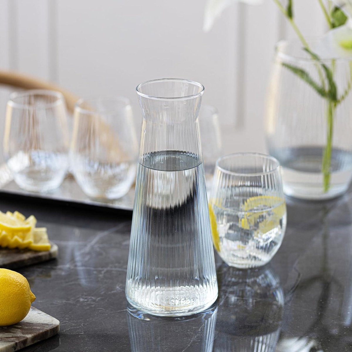 Waterkaraf - Water karaf Geribbeld Glas 1000 ml Serveerkaraf Met Lichtgevende Knopvaas Lyra - Transparant