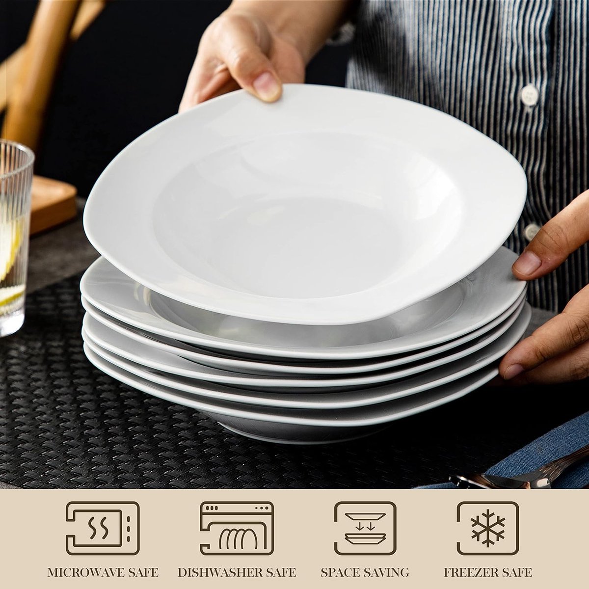 Elisa servies, 6-delige set 8,5" porseleinen diep bord 21,5x21,5x4cm diep bord crèmewit diep bord serviesset voor 6 personen