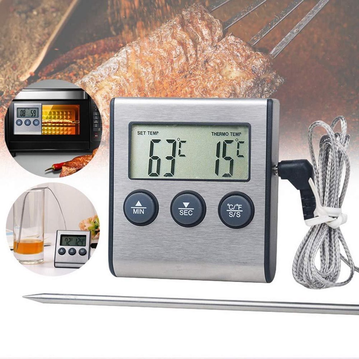 Meat Thermometer Timer Probe Food Thermometer for Cooking Meat BBQ and Grilling - Water - Milk - Wine - Liquid Temperature with Probe
