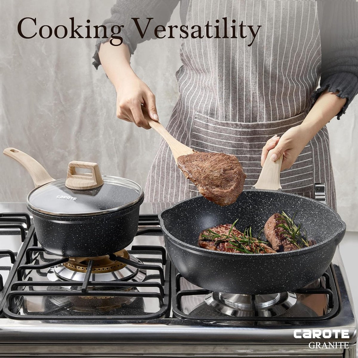 Nonstick Sauteerpan, koekenpan met deksel, graniet PFOA-vrije coating, anti kras - de perfecte koekenpan, geschikt voor alle warmtebronnen, inclusief inductie, 32cm