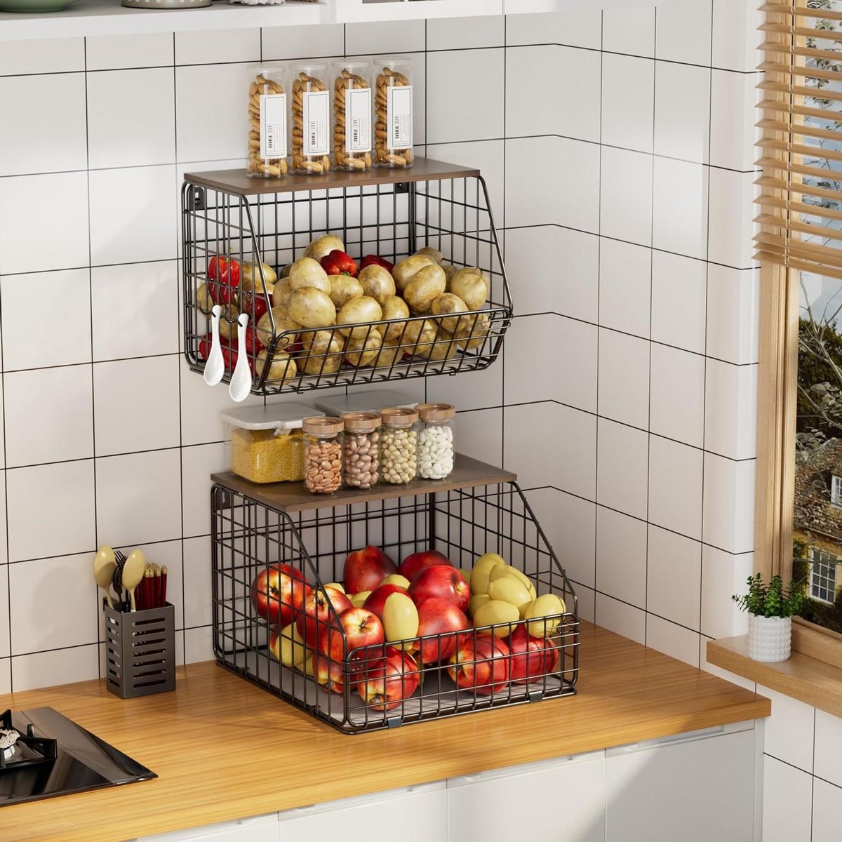 Hanging Fruit Bowl - 2 Pcs Fruit Basket Wall Fruit Basket Kitchen Organizer with Wooden Lid - Stackable Vegetable Basket for Vegetables Fruits Snacks Bread Holder