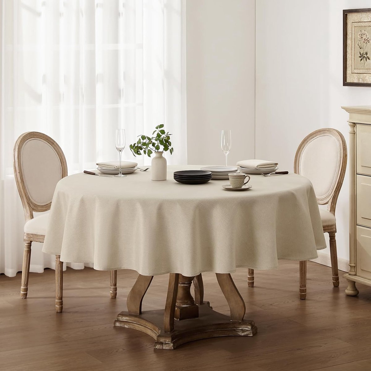Rond tafelkleed, 180 cm diameter, afwasbaar, linnenlook, beige, waterafstotend, tafellinnen, klein tuintafelkleed, tafelkleed voor camping, bruiloften, verjaardag
