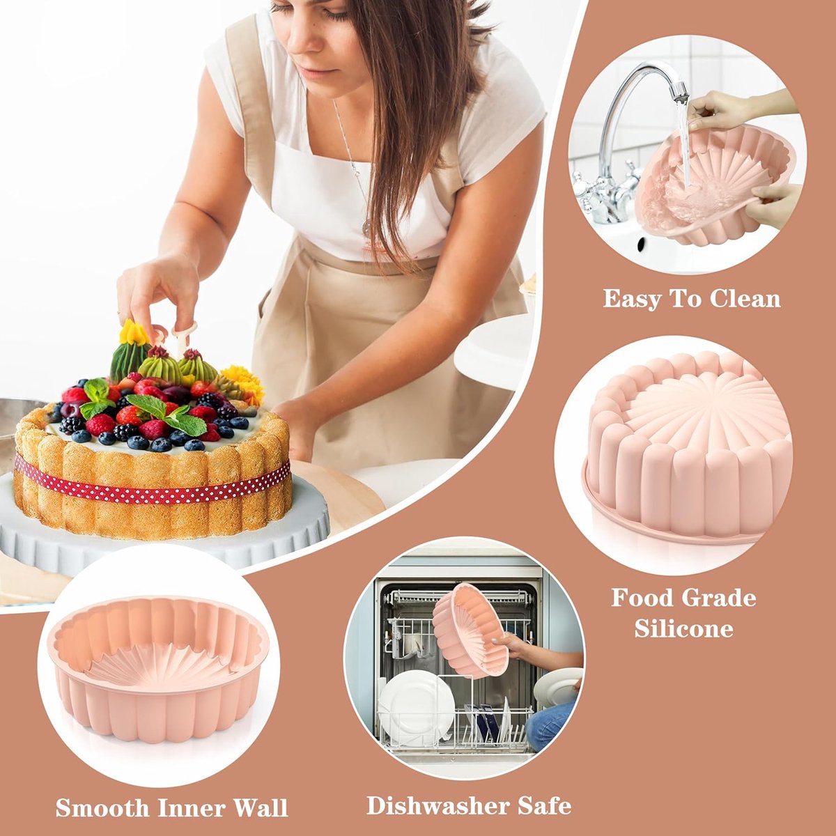 Charlotte siliconen bakvorm 25,4 cm (25,4 cm) cakevorm zonnebloem ronde siliconen vormen anti-aanbak geribbelde cakevorm voor verjaardagsfeest DIY bakgereedschap roze