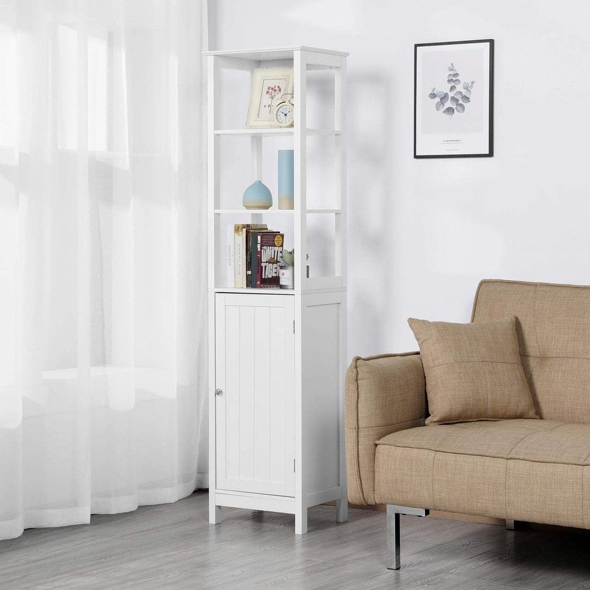 Hoge kast, badkamerkast, staand rek, badkamerrek, met 3 open vakken, verstelbare plank, voor badkamer, woonkamer, keuken, 160 cm hoog, wit