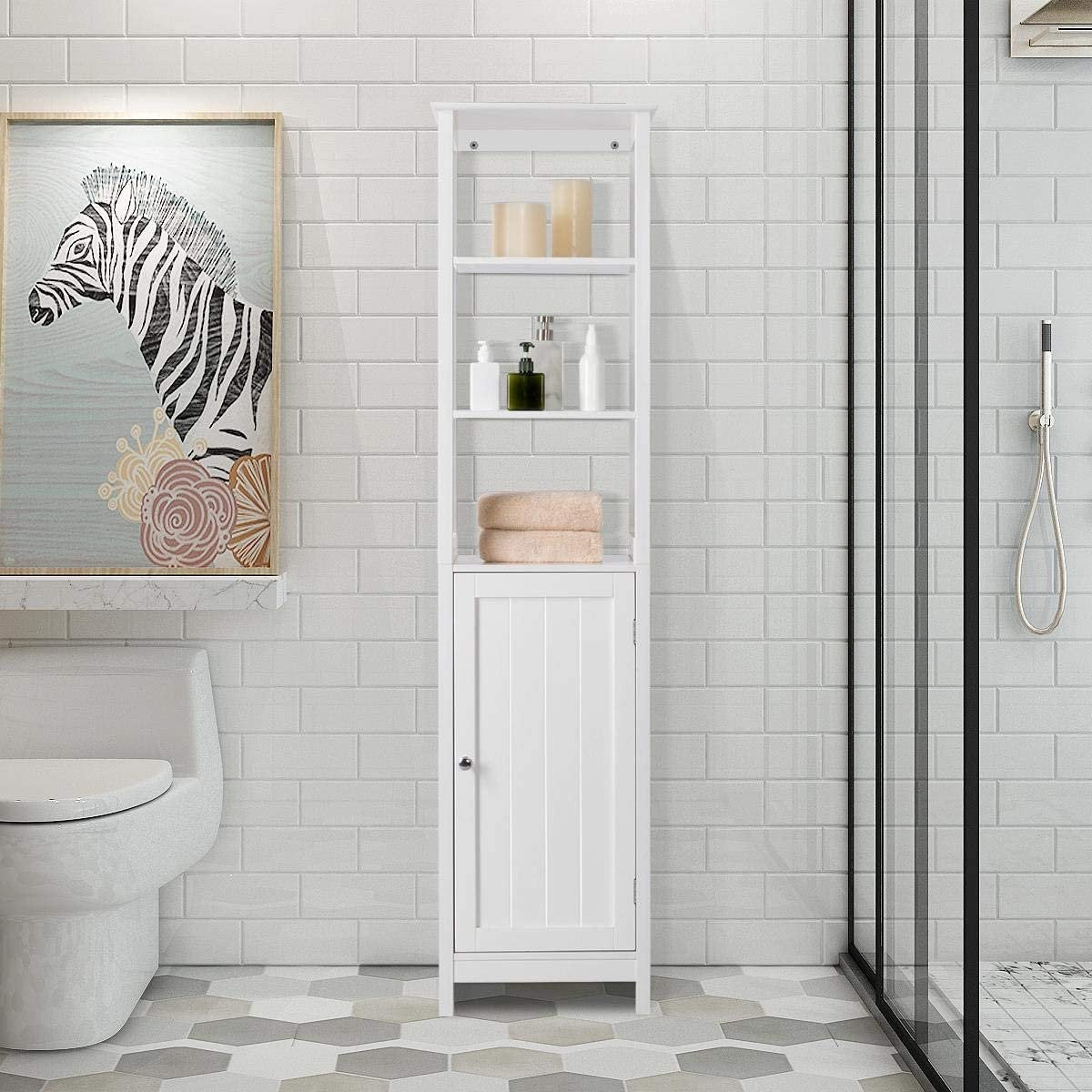 Hoge kast, badkamerkast, staand rek, badkamerrek, met 3 open vakken, verstelbare plank, voor badkamer, woonkamer, keuken, 160 cm hoog, wit