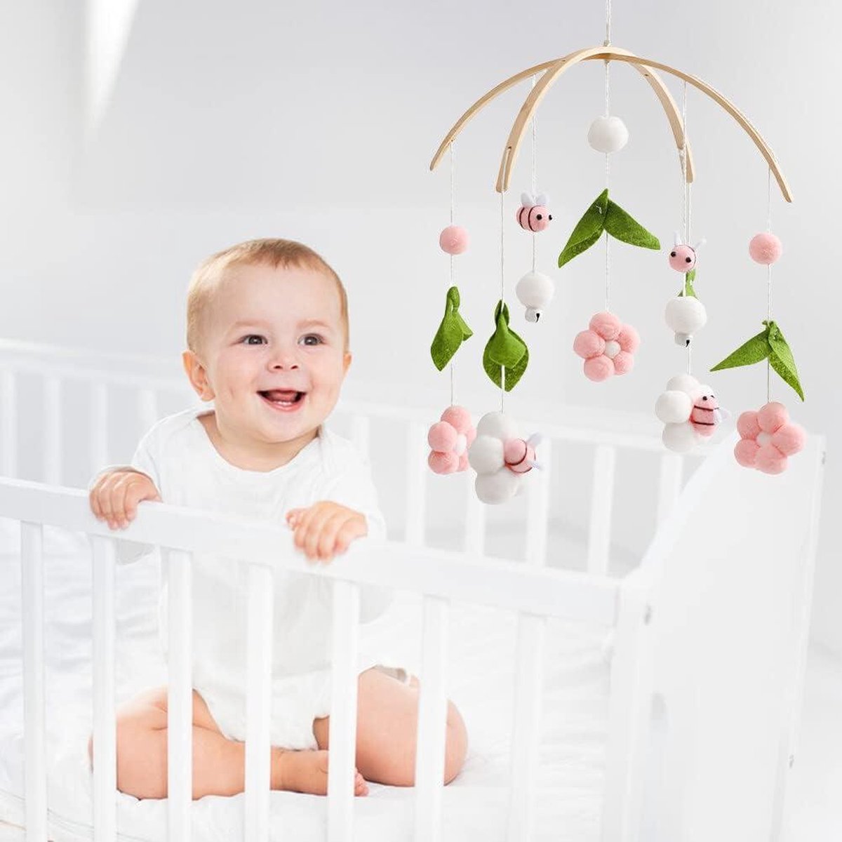 Muzikale baby mobiel met vilten ballen bloemen - Mobiele baby windgong 3D bloemen - Houten baby mobiel met vilten ballen - Baby mobiel met muziek meisje bedbel - Mobiel baby jongens meisjes ledikant decoratie. Muzikale baby mobiel