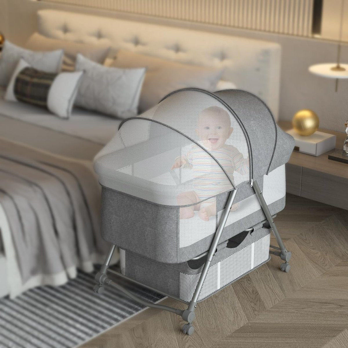 Babybed met zachte matras reisbed incl. opslag, wiegfunctie, opvouwbaar, slip en transporttas, vanaf de geboorte tot 20 kg, complete set voor baby's van 0-6 maanden, grijs