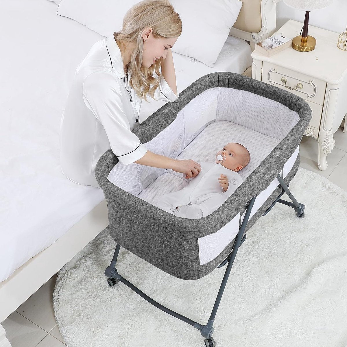 Babybed met zachte matras reisbed incl. opslag, wiegfunctie, opvouwbaar, slip en transporttas, vanaf de geboorte tot 20 kg, complete set voor baby's van 0-6 maanden, grijs