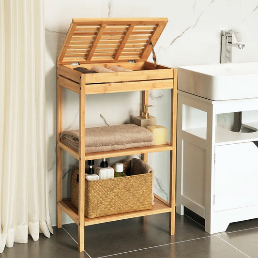 Bathroom rack with lid - Bamboo - Wood - Standing rack with 3 shelves for the bathroom - Open cabinet as bathroom cabinet