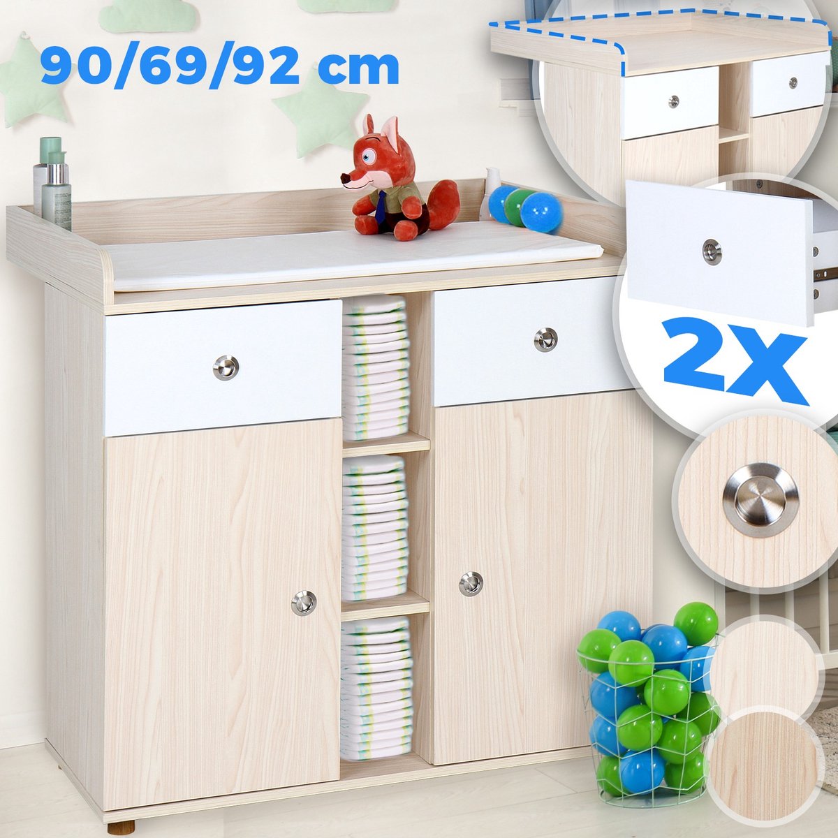 Infantastic - Babycommode met 2 grote lades en 5 vakken - Ladekast met Opbergruimte - Veelzijdig Omkleedmeubel met Organizer - 90x69x92 cm (LxBxH) - Eikenfineer