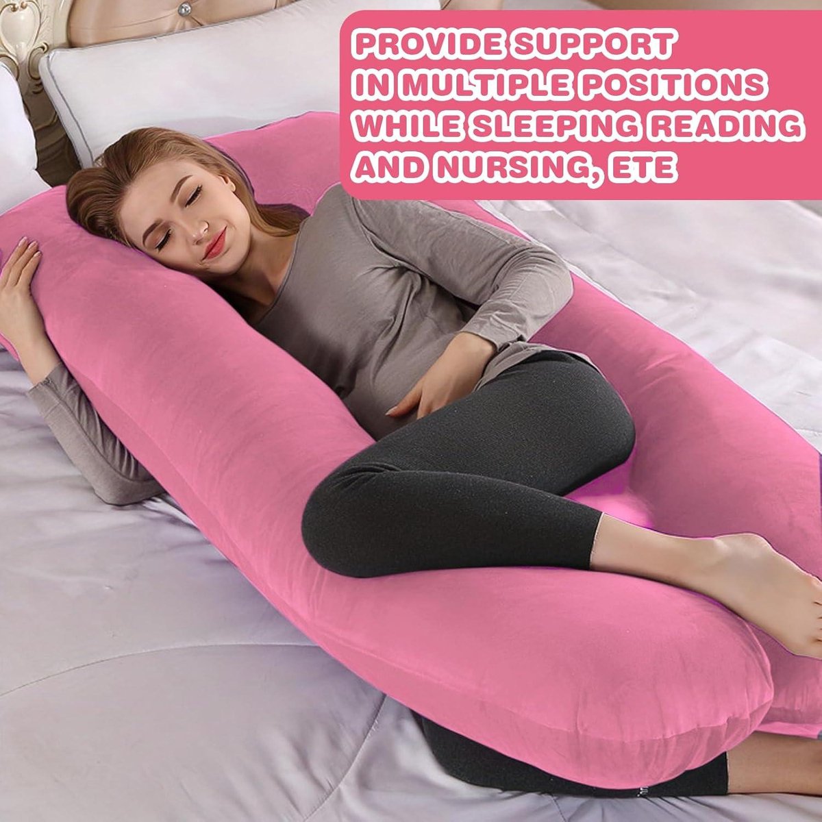 U-shaped Pillowcase Cotton Cover Pregnancy Pillow Removable Body Pillow - Adults Nursing Pillow Machine Washable - 140 x 80 cm - Pink Grey Body Pillow