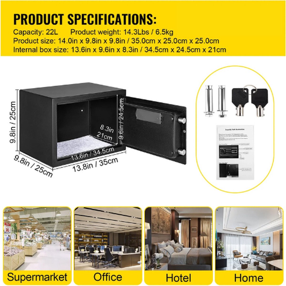 Electronic Safe - Fingerprint Safe - Fireproof Safe - 22L - With Electronic Cylinder Lock - Safe with Combination Lock - Includes 2 Emergency Keys - Sturdy Construction - 35x25x25cm - Black