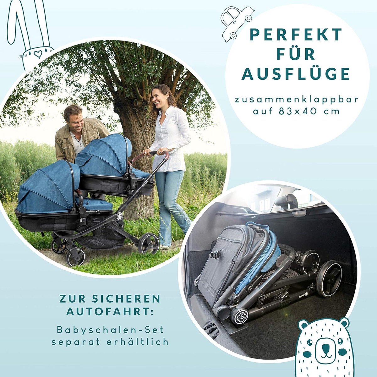 3-in-1 Duo kinderwagen voor tweelingen - Baby's en kinderwagen voor broers en zussen - Tweelingwagen voor 2 kinderen met accessoires - Blauw melange (exclusief babyzitje)