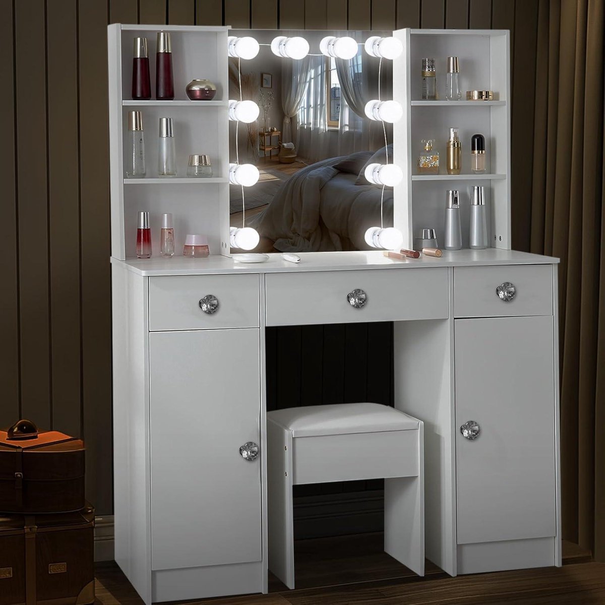 Make-uptafel met spiegel en verstelbare ledlampen - Kaptafel met 3 laden, 4 open planken en 2 kasten - Wit - 100 x 40 x 140 cm