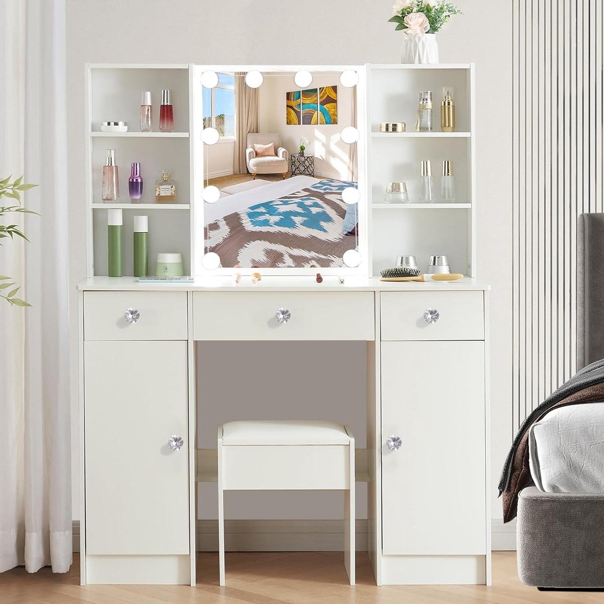 Make-uptafel met spiegel en verstelbare ledlampen - Kaptafel met 3 laden, 4 open planken en 2 kasten - Wit - 100 x 40 x 140 cm