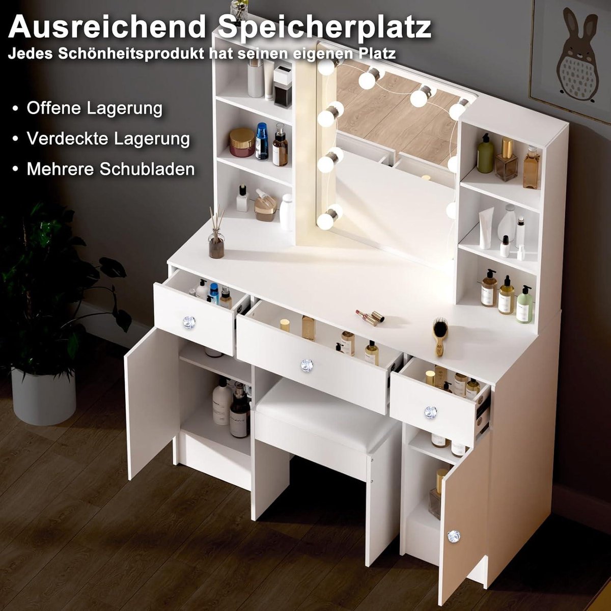 Make-uptafel met spiegel en verstelbare ledlampen - Kaptafel met 3 laden, 4 open planken en 2 kasten - Wit - 100 x 40 x 140 cm