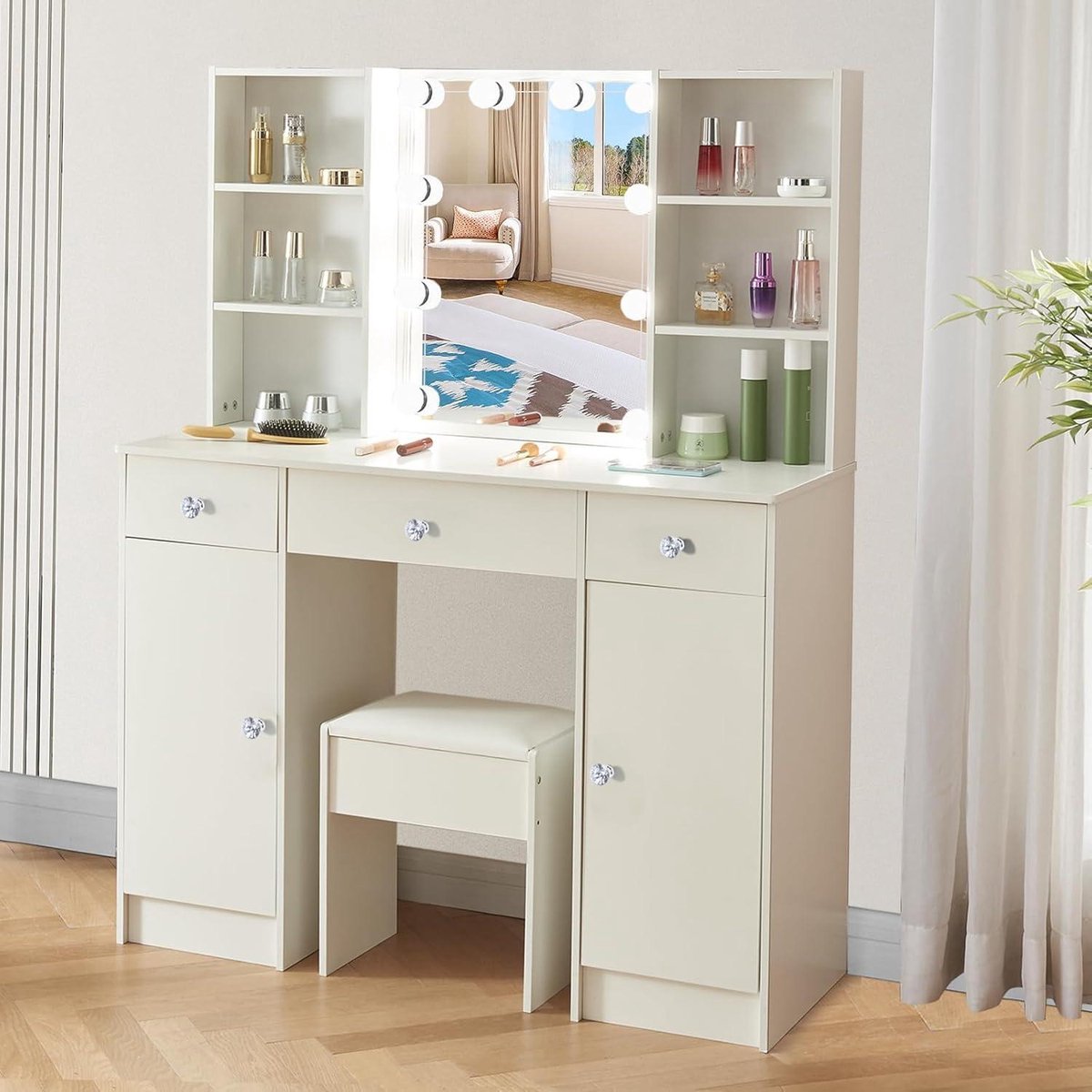 Make-uptafel met spiegel en verstelbare ledlampen - Kaptafel met 3 laden, 4 open planken en 2 kasten - Wit - 100 x 40 x 140 cm