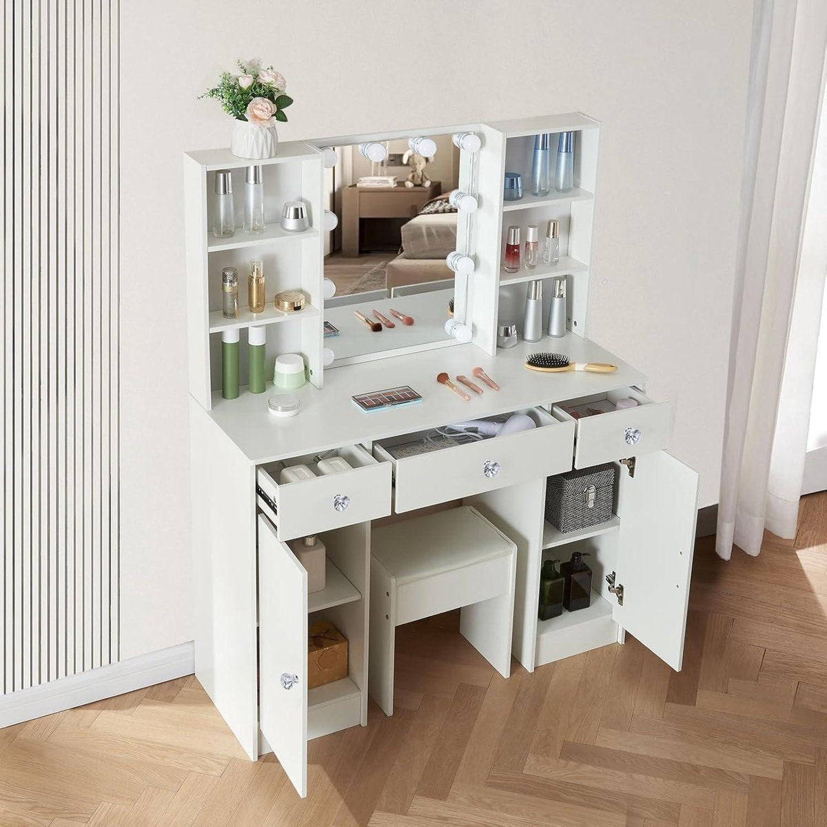 Make-uptafel met spiegel en verstelbare ledlampen - Kaptafel met 3 laden, 4 open planken en 2 kasten - Wit - 100 x 40 x 140 cm