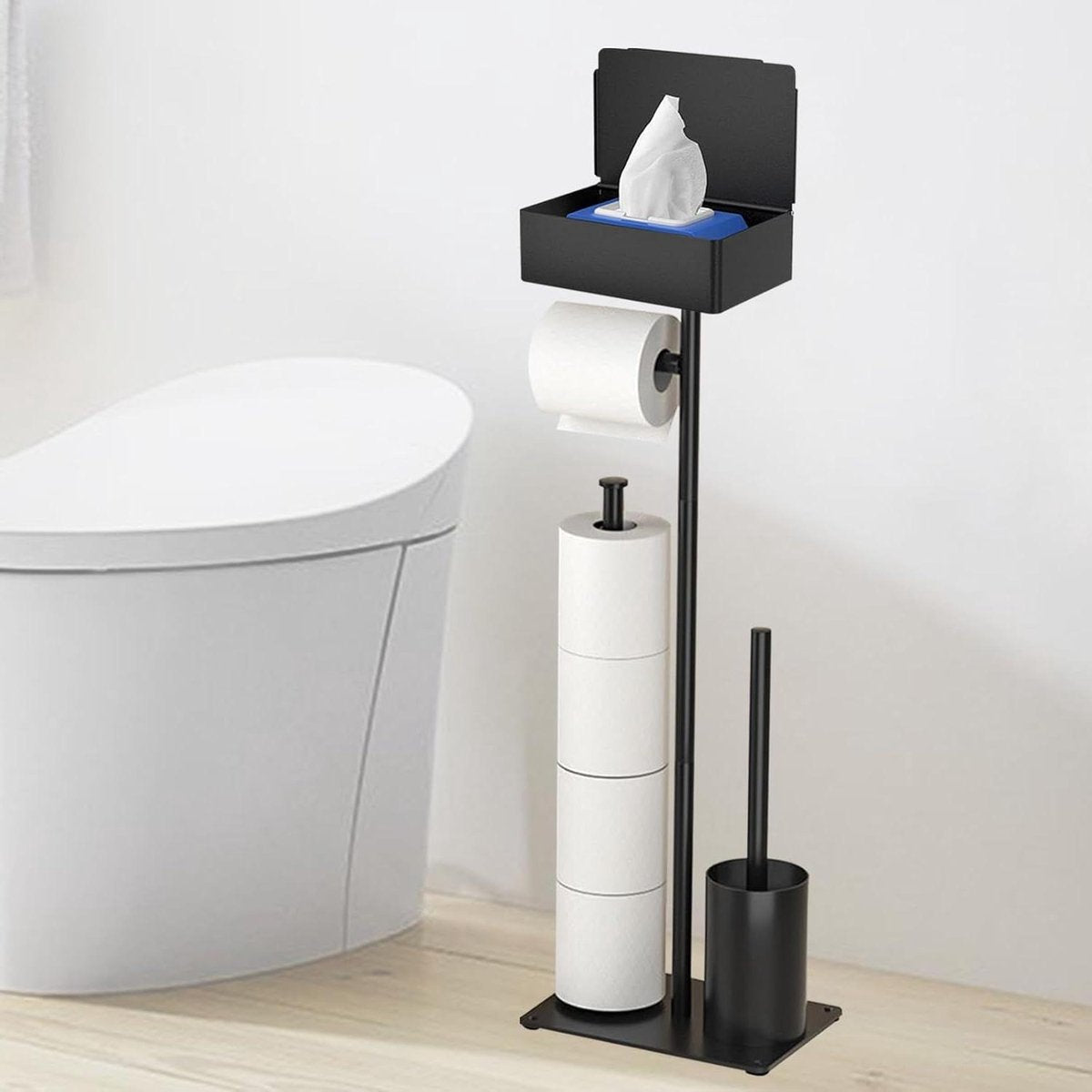 Toiletpapierhouder met WC-borstel - Roestvrij staal zwart - Vochtige doekjesbox - Staande papierhouder voor keuken en badkamer wc butler