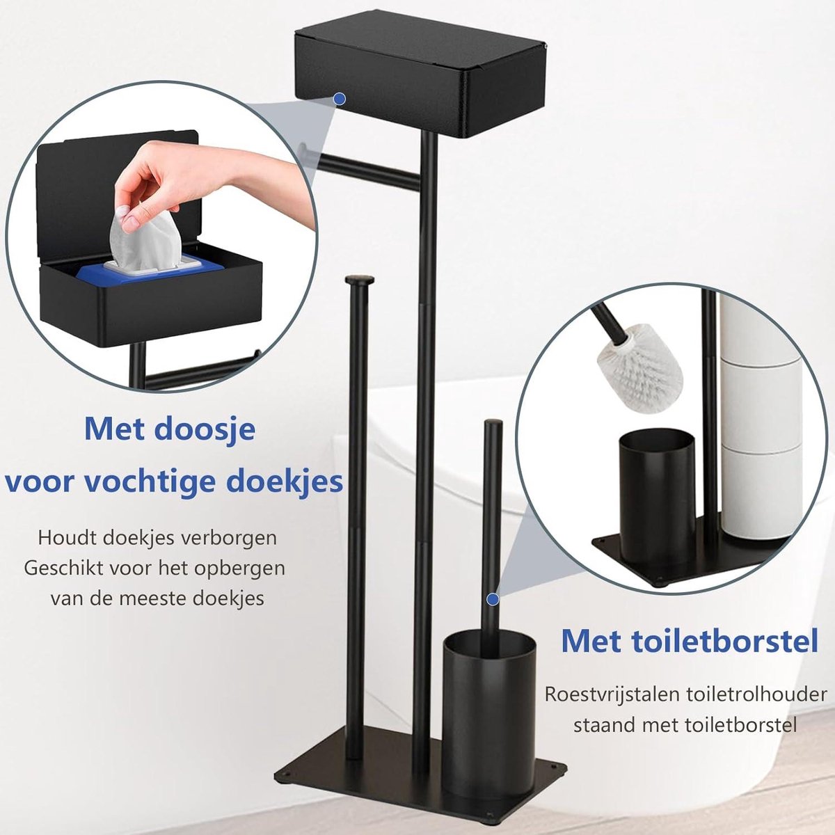 Toiletpapierhouder met WC-borstel - Roestvrij staal zwart - Vochtige doekjesbox - Staande papierhouder voor keuken en badkamer wc butler