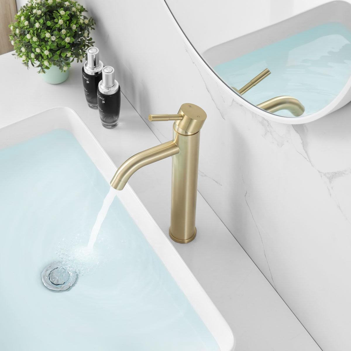 Washbasin tap Rocco Surface Mounted High Round Brushed Gold 1 Handle