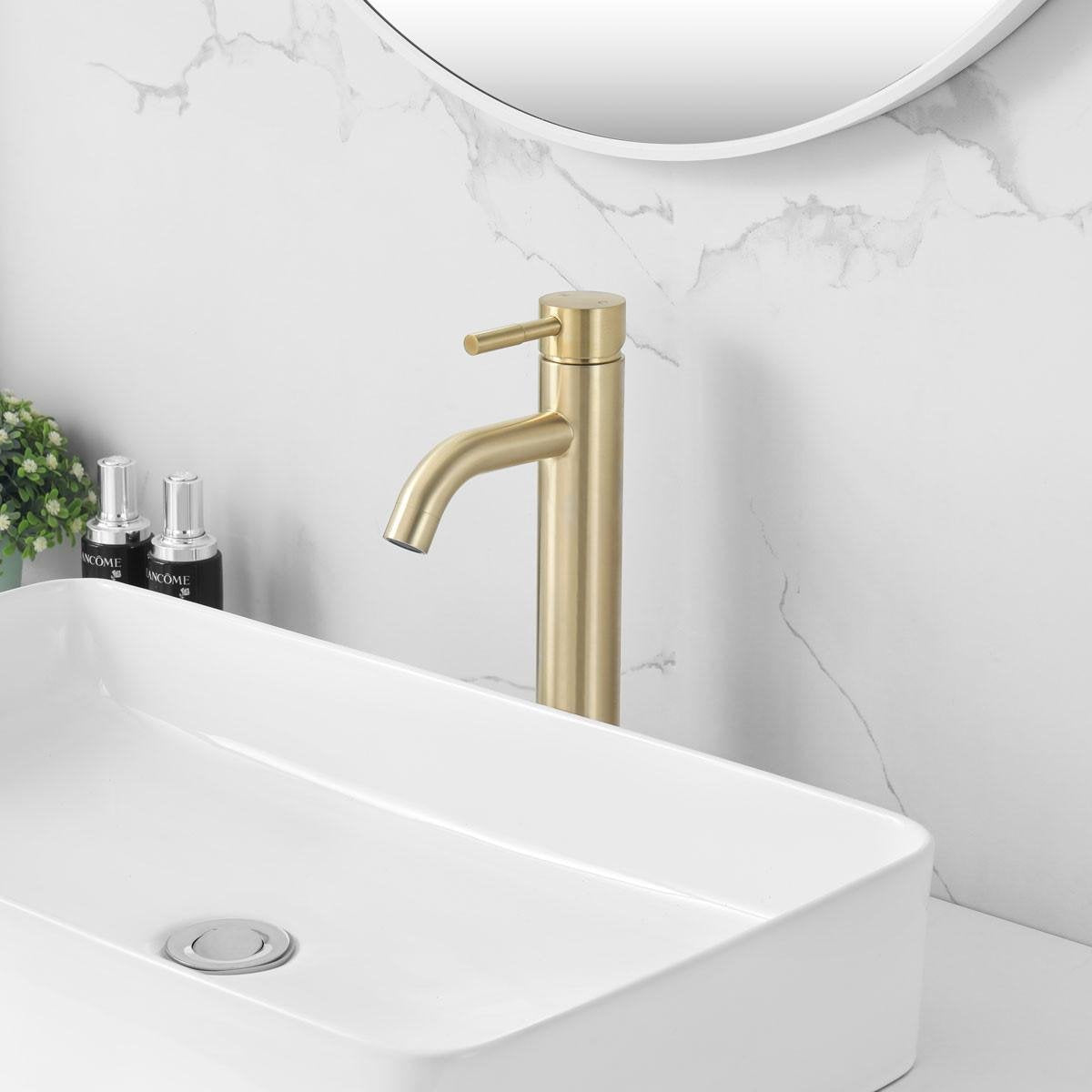 Washbasin tap Rocco Surface Mounted High Round Brushed Gold 1 Handle