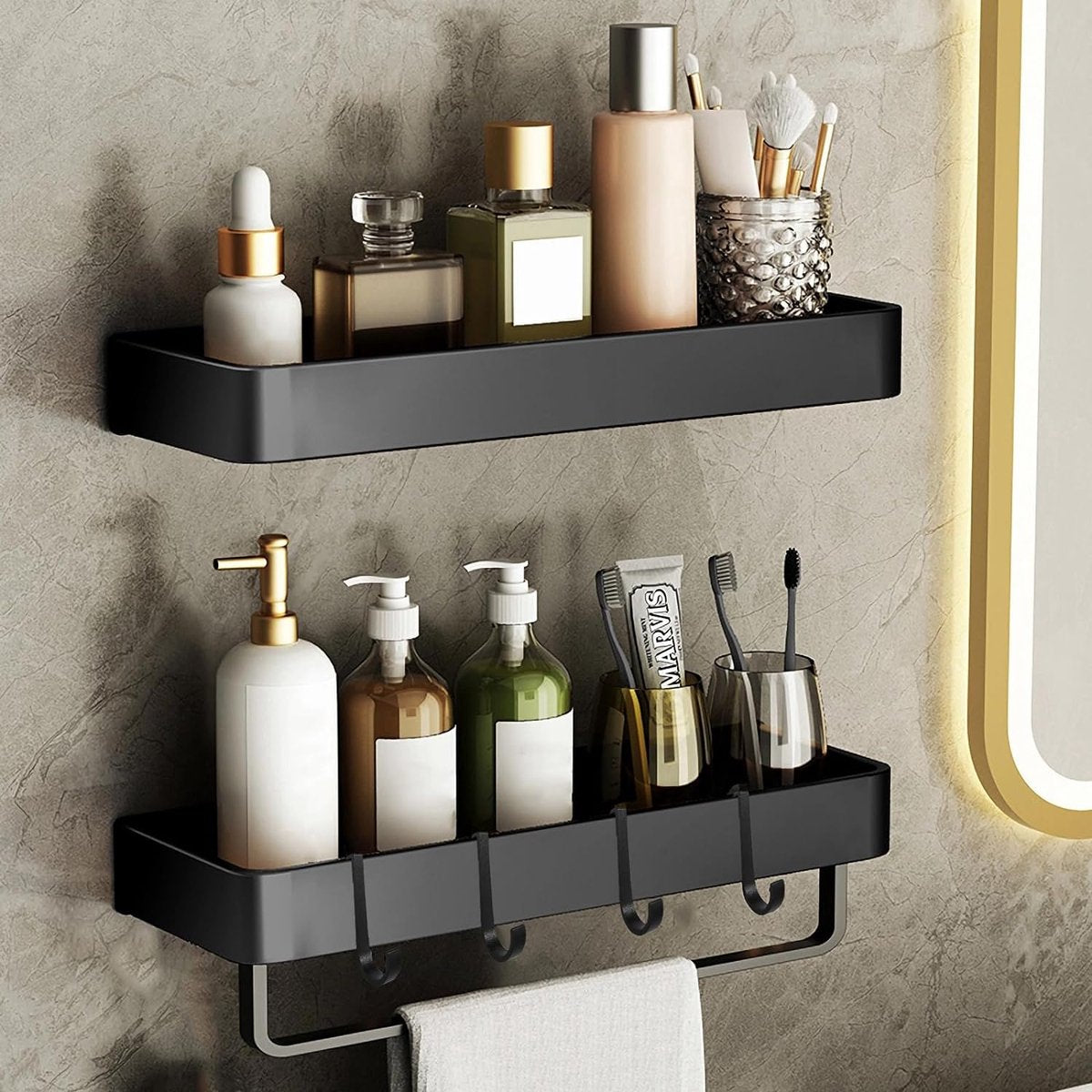 Doucheplank zonder boren, doucheplank zelfklevend, douchemand, 2 stuks, plank badkamerrek met handdoekhouder en haken, roestvrij badkamerrek wandplank voor badkamer, keuken, zwart, 30 cm