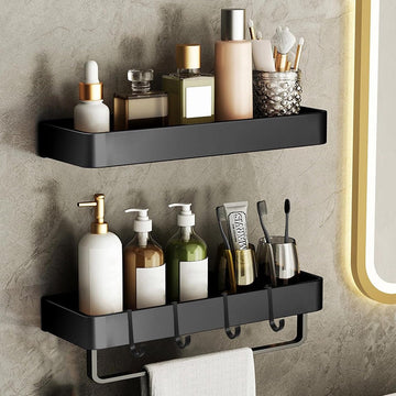 Doucheplank zonder boren, doucheplank, zelfklevend, douchemand, 2 stuks, plank, badkamerrek met handdoekhouder en haken, roestvrij badkamerrek, wandplank voor badkamer, keuken, zwart, 30 cm