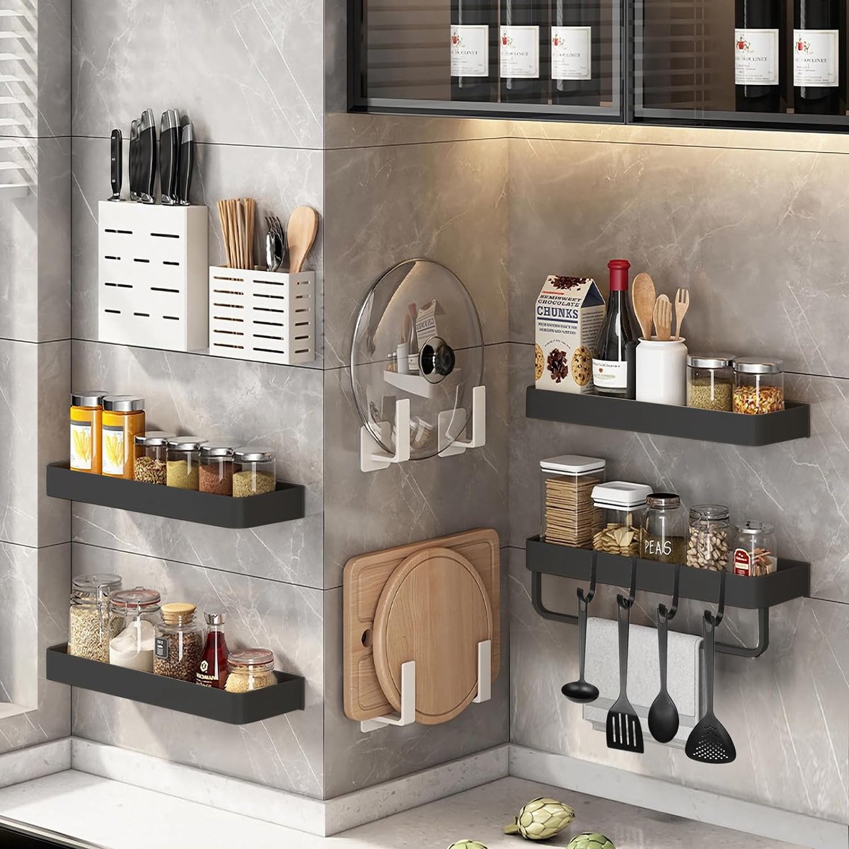 Doucheplank zonder boren, doucheplank zelfklevend, douchemand, 2 stuks, plank badkamerrek met handdoekhouder en haken, roestvrij badkamerrek wandplank voor badkamer, keuken, zwart, 30 cm