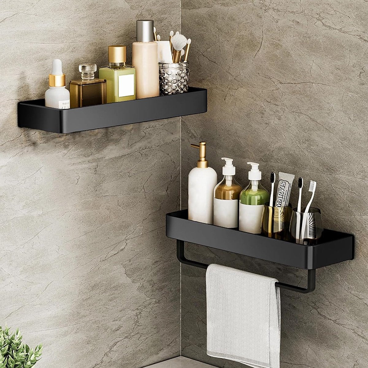 Doucheplank zonder boren, doucheplank zelfklevend, douchemand, 2 stuks, plank badkamerrek met handdoekhouder en haken, roestvrij badkamerrek wandplank voor badkamer, keuken, zwart, 30 cm