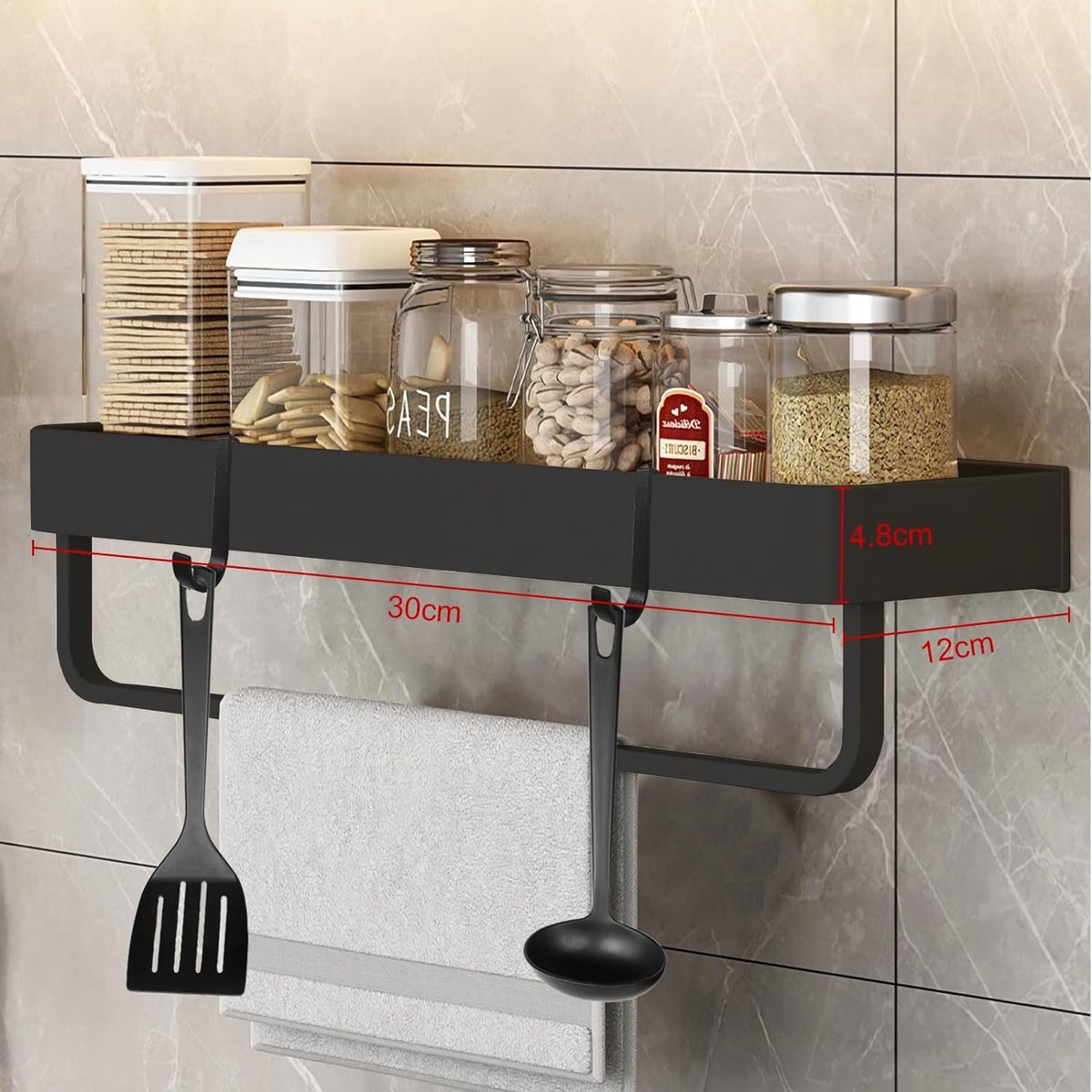 Doucheplank zonder boren, doucheplank zelfklevend, douchemand, 2 stuks, plank badkamerrek met handdoekhouder en haken, roestvrij badkamerrek wandplank voor badkamer, keuken, zwart, 30 cm