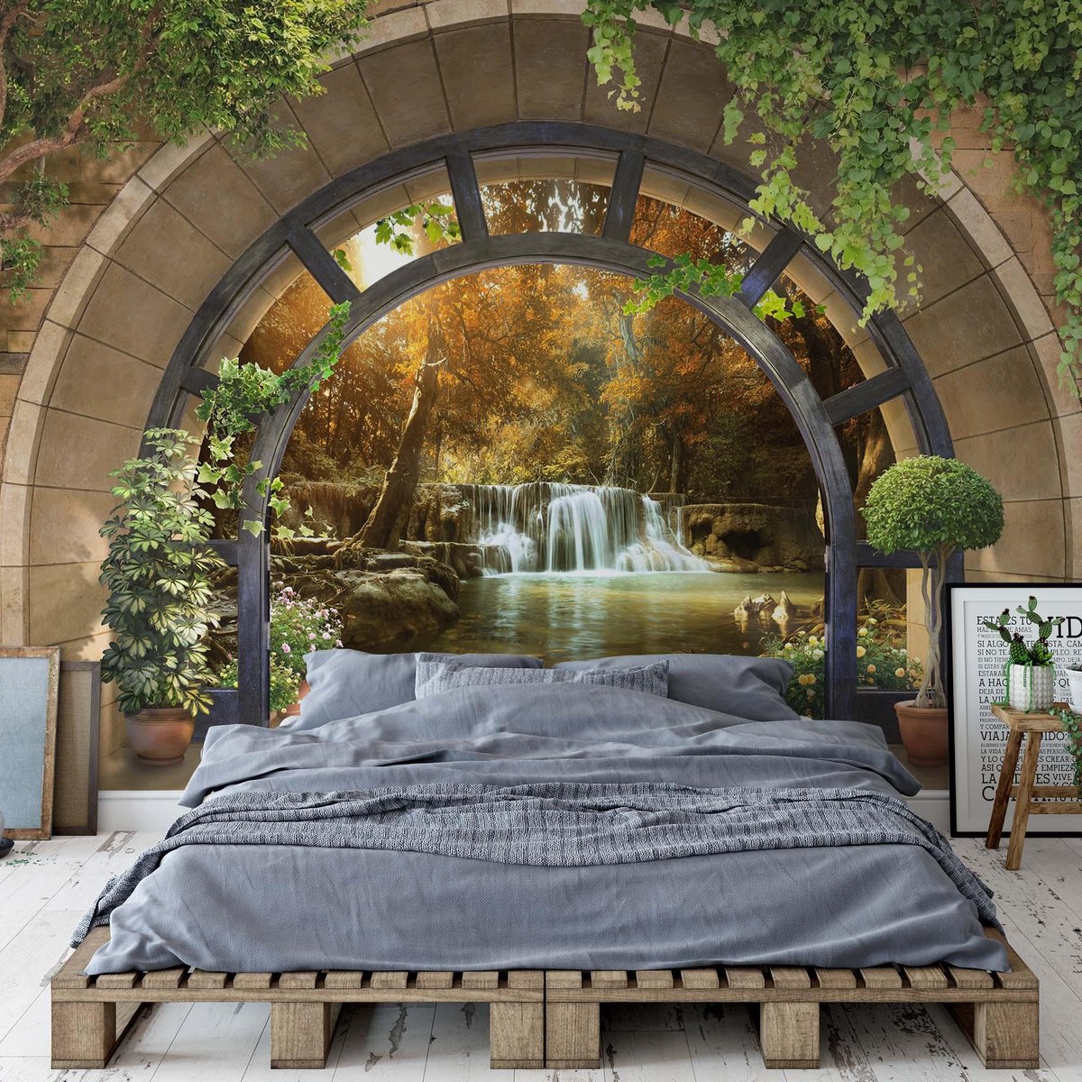 Fotobehang - Vliesbehang - Uitzicht op de Waterval in het Herfstbos door het Raam 3D - 254 x 184 cm