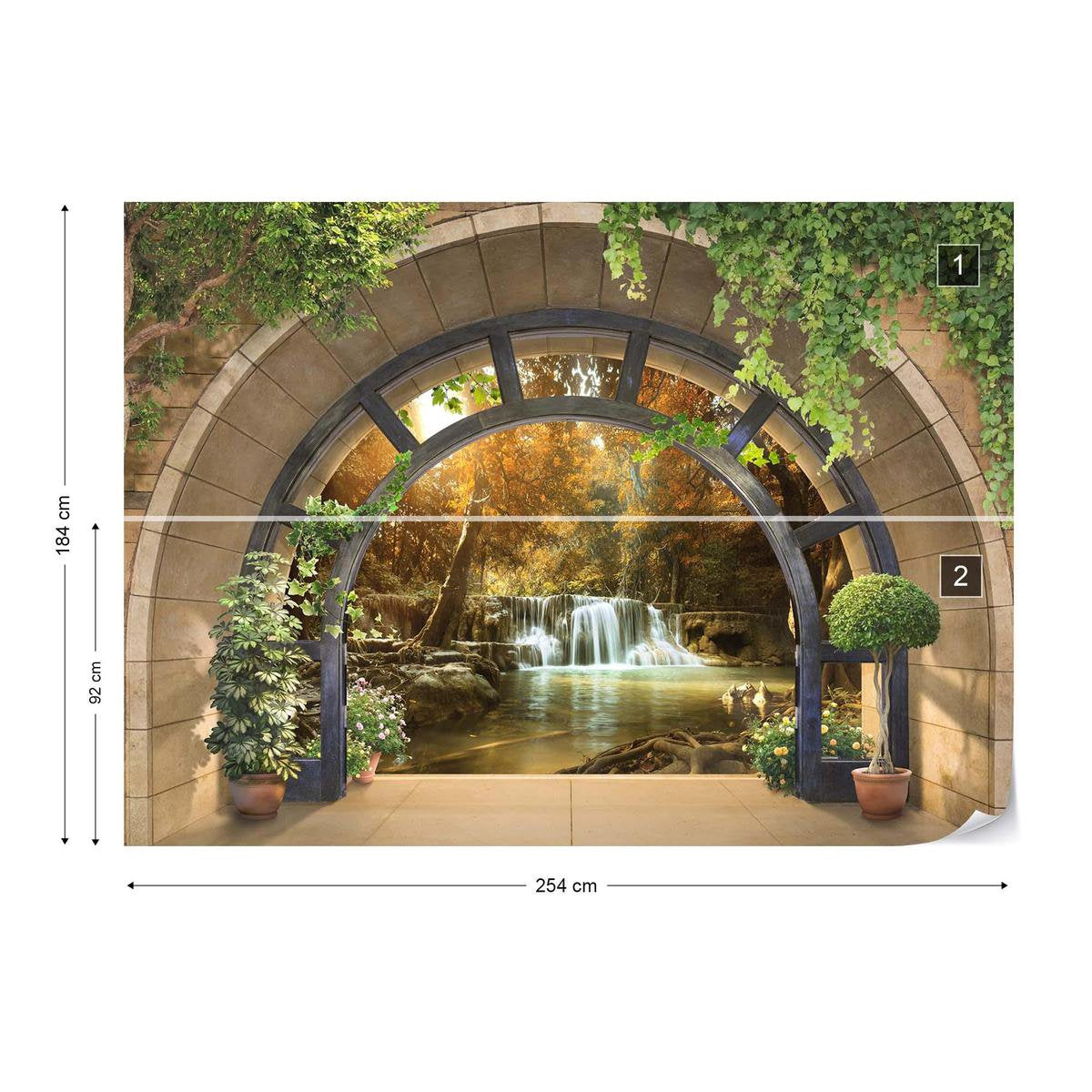 Fotobehang - Vliesbehang - Uitzicht op de Waterval in het Herfstbos door het Raam 3D - 254 x 184 cm
