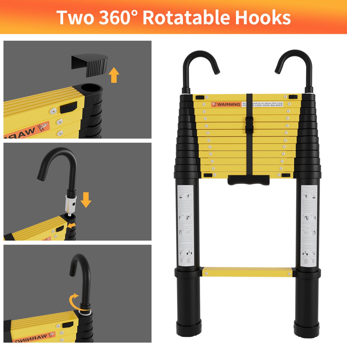 Telescopische Vouwladder - Telescopische Ladders Alu-3,8m Eénknops retractie - Met haak - Geel zwart