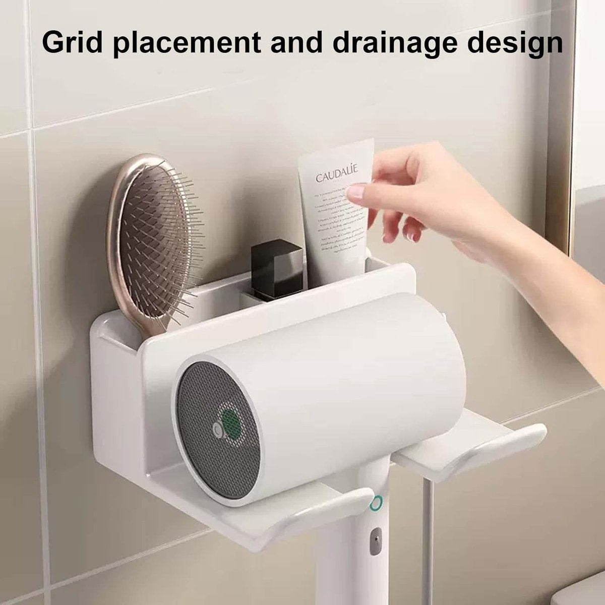 Hairdryer holder, no-drill wall mount, 304 stainless steel hairdryer wall mount, hairdryer holder with compartments, storage and cable holder, hairdryer stand for most hairdryers