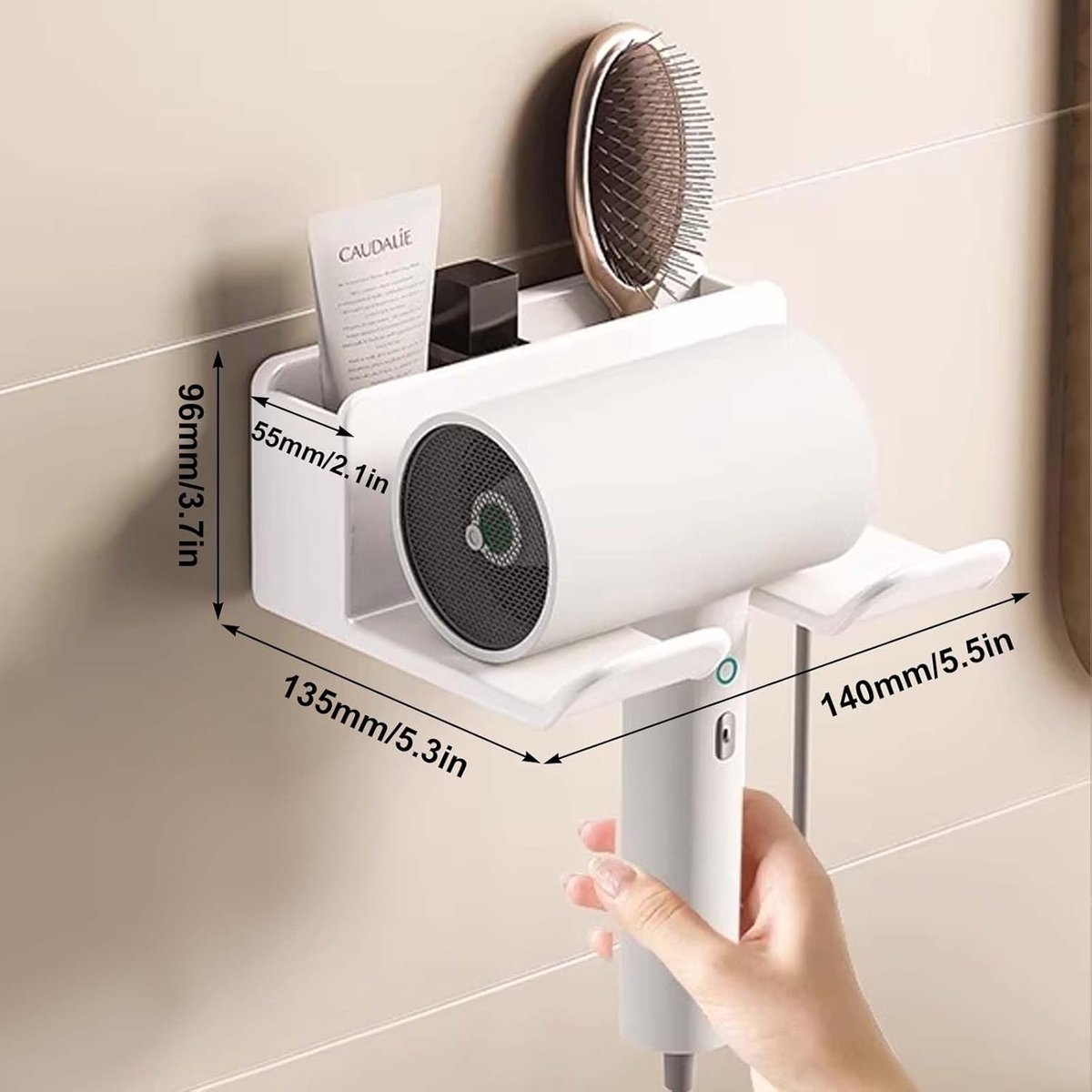 Hairdryer holder, no-drill wall mount, 304 stainless steel hairdryer wall mount, hairdryer holder with compartments, storage and cable holder, hairdryer stand for most hairdryers