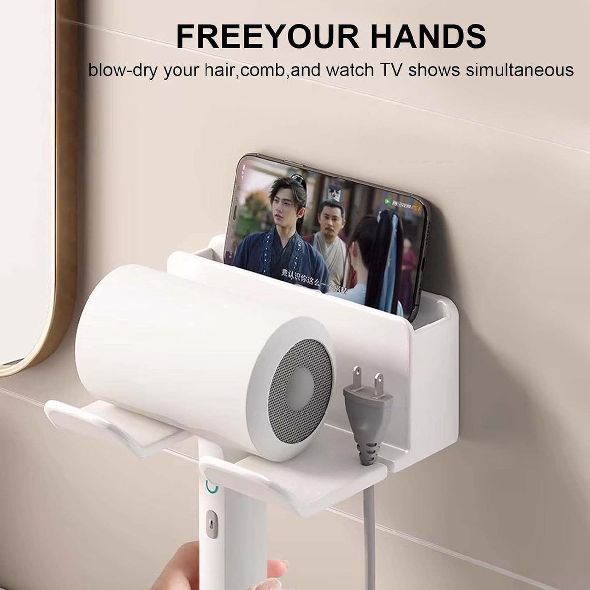 Hairdryer holder, no-drill wall mount, 304 stainless steel hairdryer wall mount, hairdryer holder with compartments, storage and cable holder, hairdryer stand for most hairdryers