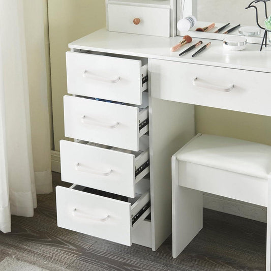 Make-up table with stool and mirror - Dressing table with lights and 3 colors - Adjustable brightness - 6 drawers vanity table