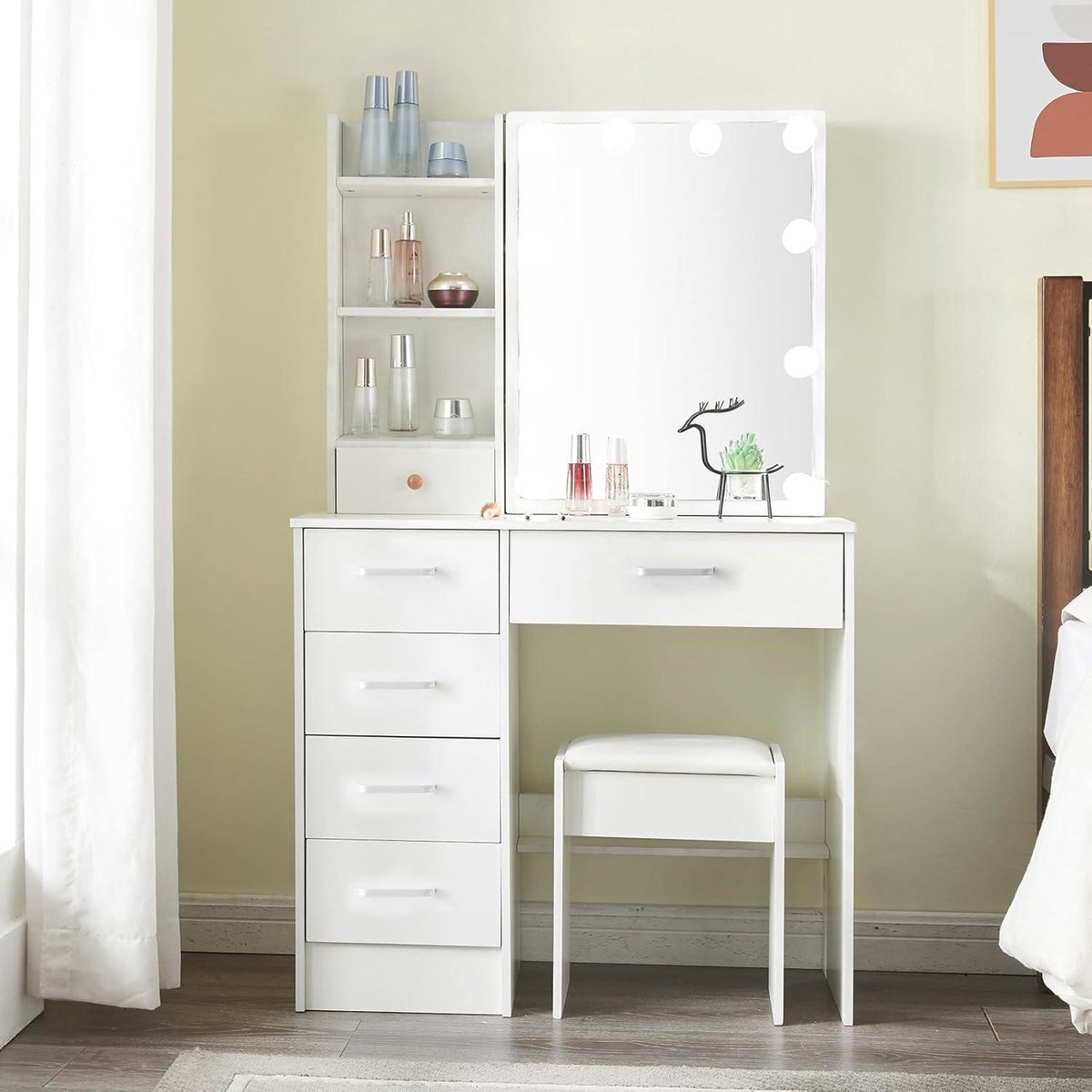 Make-up table with stool and mirror - Dressing table with lights and 3 colors - Adjustable brightness - 6 drawers vanity table