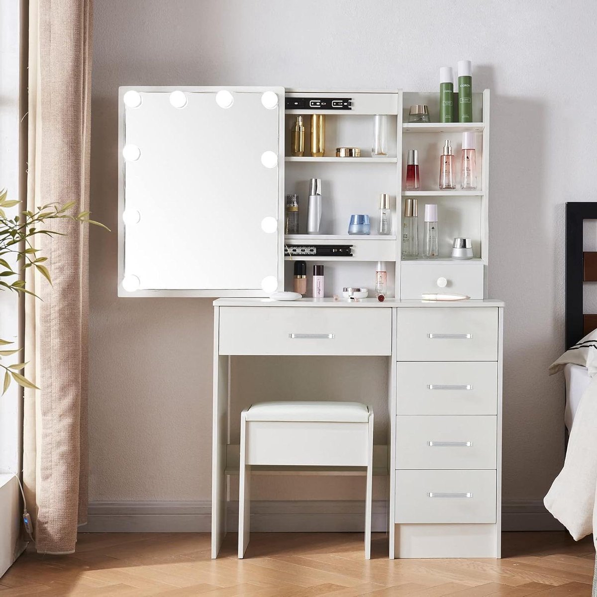 Make-up table with stool and mirror - Dressing table with lights and 3 colors - Adjustable brightness - 6 drawers vanity table