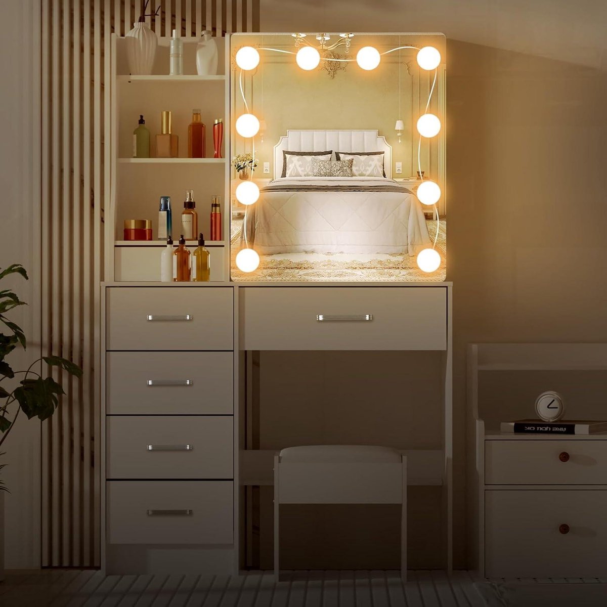 Make-up table with stool and mirror - Dressing table with lights and 3 colors - Adjustable brightness - 6 drawers vanity table
