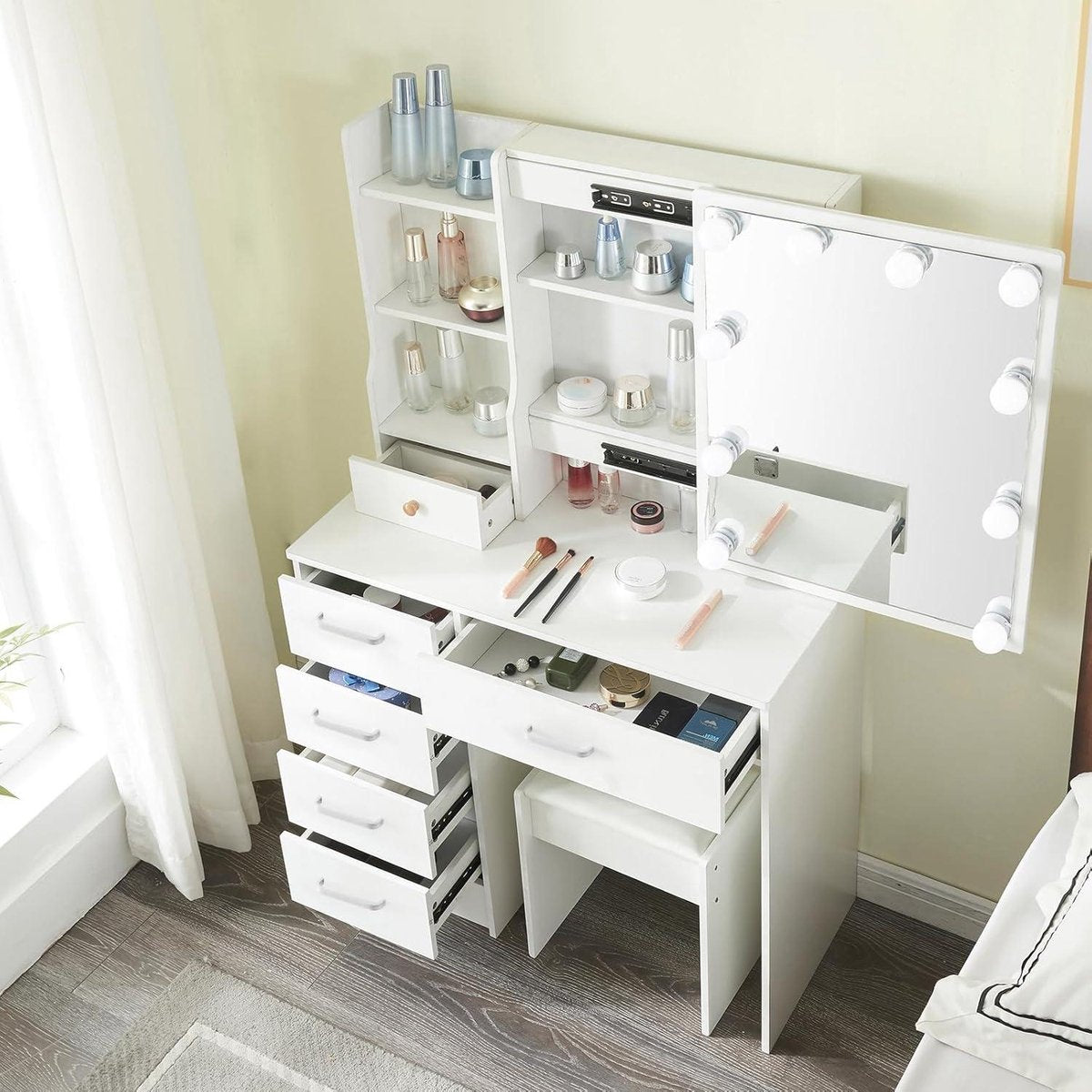 Make-up table with stool and mirror - Dressing table with lights and 3 colors - Adjustable brightness - 6 drawers vanity table