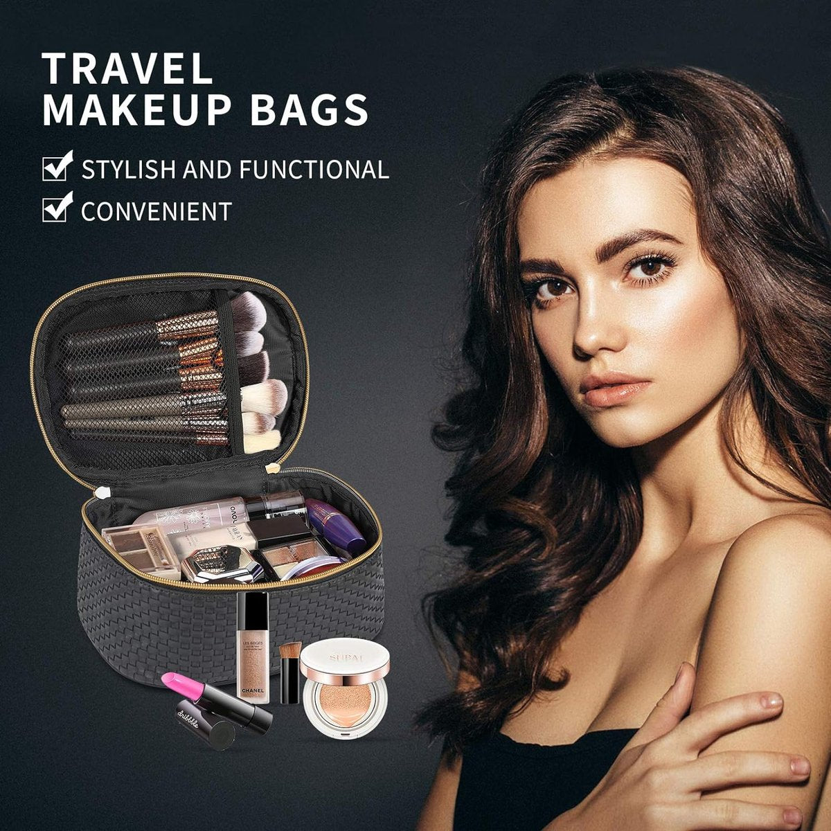 3-piece toiletry bag set for women, for travel, waterproof toiletry bag, makeup bag, black, Small
