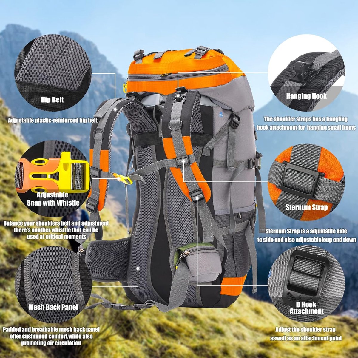 Backpack Trekkingrugzak 60L Heren Dames Wandelrugzak Waterdicht met regenhoes voor bergbeklimmen, klimmen, trekking, sport, reizen, kamperen